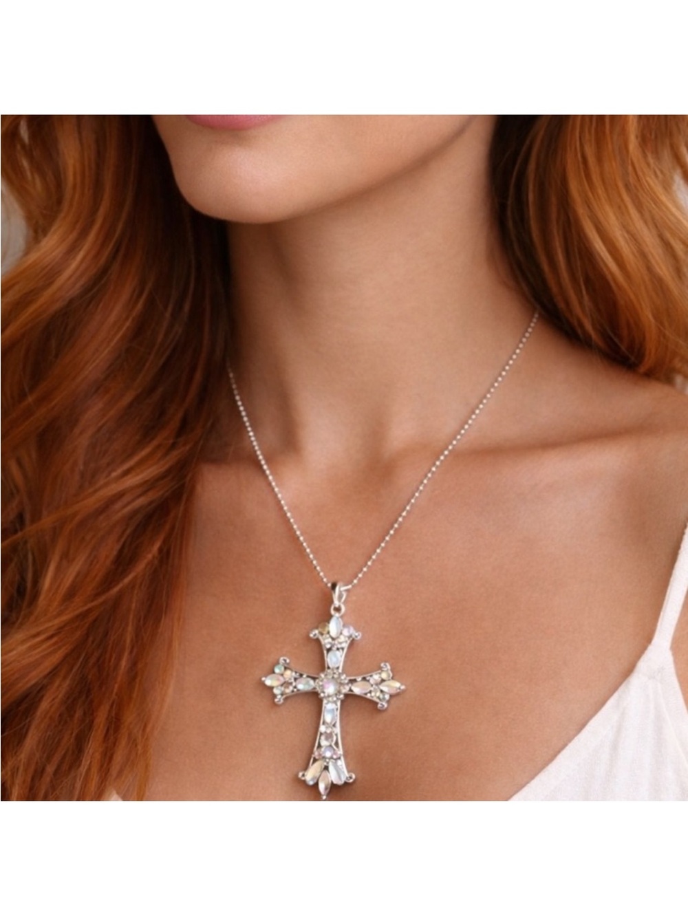 Silver Crystal Cross Pendant Necklace - Silver